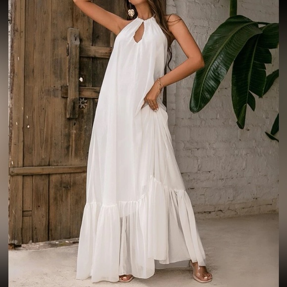 Boho Tie Backless Open Back Halter Maxi Dress White